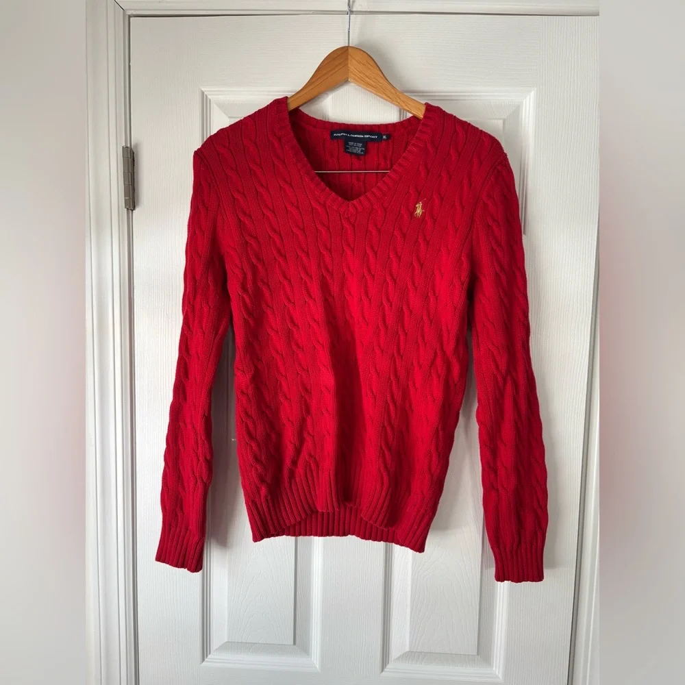 Ralph Lauren sport women's red cotton cable-knit V-neck sweater size XL